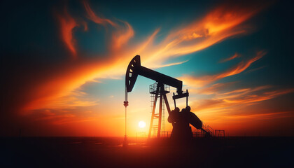 Crude oil pumpjack rig on desert silhouette in evening sunset