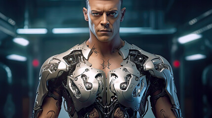 Shaved man with cyborg implants and steel chest armor. Postproducted generative AI illustration.