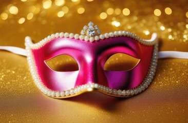 Pink Bright Carnival Eye Mask on Bright Golden Background.