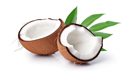 half of coconut with leaves isolated on white background. Coconut with half and leaves on white background. Coconut isolated. Coconut slice and piece with leaves on white background. Broken white coco