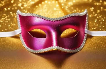 Pink Bright Carnival Eye Mask on Bright Golden Background.
