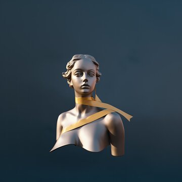 Levitating bust. A marble statue erected in honor of famous female. Idol. A monument to a noble woman. Worshipping. Goddess. Golden satin ribbon. Sculpture. Silk bandage. Grace. Shoulders, neck. Chest