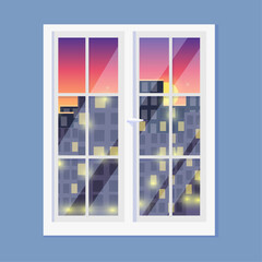 Illustration of white windows on a blue background with different views of city buildings. View of the city during the day, at night and when it gets dark. An ordinary window.