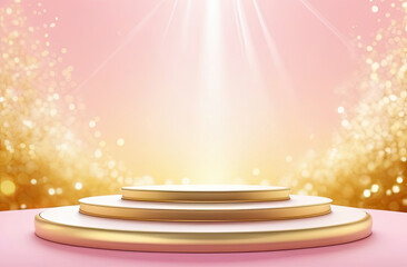 A golden sparkling empty scene. Podium on a light pink background, on a backdrop of a bokeh for the product presentation. Showcase, display case.