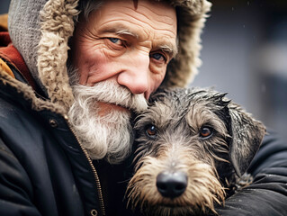 Expressive dramatic portrait of a man cuddling a dog with unhappy eyes. Animal Protection Day.
