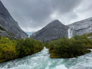 Autumn landscape in Briksdalbreen glacier valley in South Norway, Europe.