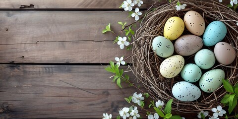 Obraz na płótnie Canvas Colorful easter eggs in nest with spring blooming branches on rustic wooden background. Top view with copy space