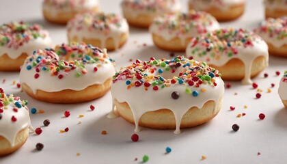 Stack of assorted donuts on colorful background. Color glazed donut with sprinkles. Copy space.