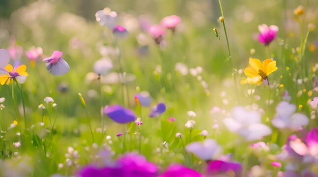 primo piano di fiori di campo primaverili nel prato, fiori che si muovono con la brezza del vento lieve di primavera