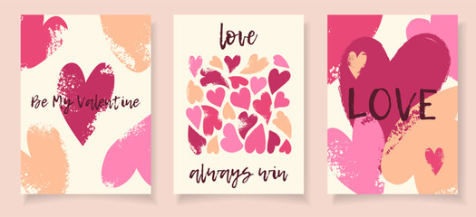 Set 3 trendy celebration cards and modern typography in flat vector style. Happy Valentines day concept. Hand drawn grunge textured hearts. Holiday seasonal decoration