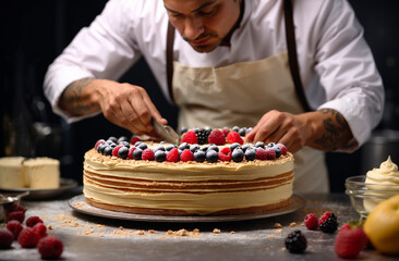 Pastry chef making cake