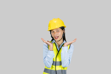 Female Asian Construction Worker and Engineer giving expressions and gestures of happiness and excitement