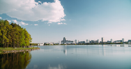 Minsk, Belarus. Reservoir Drozdy. View On Forest, Public Park And City On Background. People...