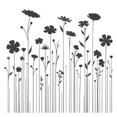 Black and white vector images of different types of flowers and plants on a white background