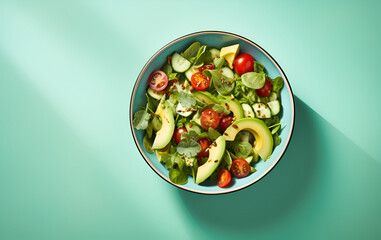 Top view on vegan salad from green leaves mix and vegetables on light blue background generated AI
