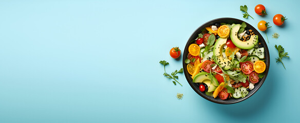 Top view on vegan salad from green leaves mix and vegetables on blue background generated AI