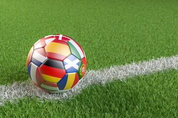 Soccer ball with the flags of several of the countries qualified for the European Championship in 2024 in Germany.