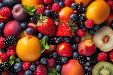 Full frame of various fruits and berries. 