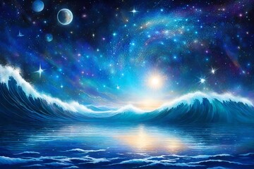 In the vastness of the cosmic ocean, astral waves of shimmering stardust cascade across an unseen celestial shore.

