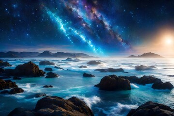 In the vastness of the cosmic ocean, astral waves of shimmering stardust cascade across an unseen celestial shore.

