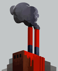 illustration d'une usine polluante teintée de sang illustrant les dérives du capitalisme et le réchauffement climatique