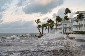 An angry ocean, lashing the shore of Key West, Florida, as it is glanced by a hurricane, at sunrise