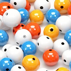 colored balls, bells. Holiday. wallpaper. plastic inflated 3D beads on white background