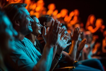 A audience in a theater applauding clapping hands. cheering and sitting together and having fun.