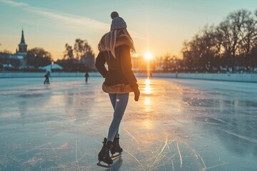 A beautiful woman ice skating on ice rink in winter at sunset outside. - obrazy, fototapety, plakaty