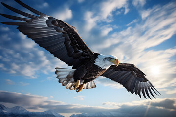 Bald Eagle flying in the sky with mountains background. 3d render