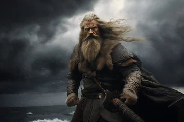 Deurstickers Gray-haired old man, Scandinavian god Odin, is on ship. Viking mythology illustration © horimono