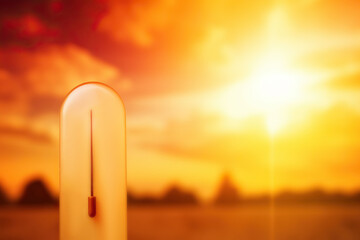 Hot summer or heat wave background, glowing sun on orange sky with thermometer - obrazy, fototapety, plakaty