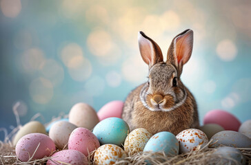 Fototapeta na wymiar Cute brown rabbit sitting with pastel colored eggs, blurred background for card and Easter banner. Bunny looking straight forward.