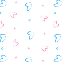 seamless vector pattern with pink and blue hearts, as well as blue swirls and pink stars