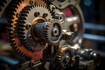 Fototapeta na wymiar Close-up of Intricate Metal Gears and Cogs Machinery