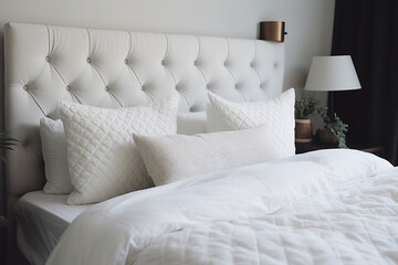 Comfortable bed with soft white pillows and bedding