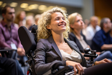 Smiling young women in a crowd at a sports demonstration: the face of a beautiful female athlete in a wheelchair at an outdoor rally. - obrazy, fototapety, plakaty