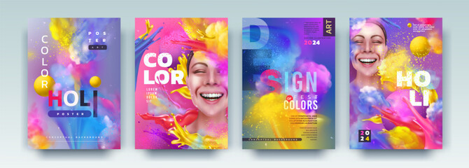 Fototapeta premium Color poster. Paint splash and realistic happy woman, party flyer fashion, Holi cover rainbow, splatter concept abstract powder, happy carnival, joy girl, sale bright banner. Vector exact background