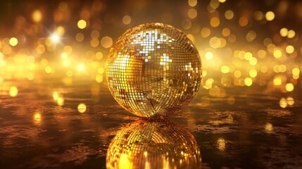Close-Up Of Shiny Disco Ball. Mirror ball on gold background