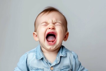 A closeup photo of a cute little baby boy child crying and screaming isolated on white background.