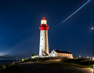 Lighthouse on a rock by the sea at night