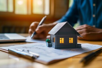 A concept hollo 3d render model of a small living house on a table in a real estate agency. signing mortgage contract document and demonstrating. futuristic business. blurry background. - obrazy, fototapety, plakaty