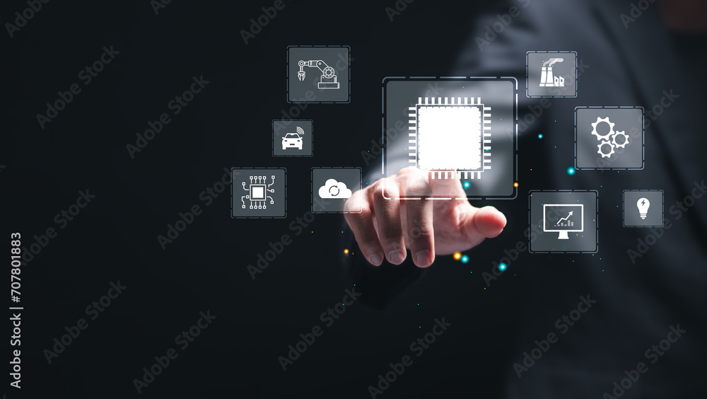 Poster microchip concept, businessman touch virtual screen of microchip icon for artificial intelligence au