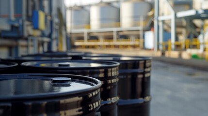 close up shot of black oil can in the background a large oil storage warehouse or industry or silo,one of the world's most traded commodities and is vital to the economy