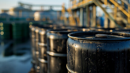 close up shot of black oil can in the background a large oil storage warehouse or industry or silo,one of the world's most traded commodities and is vital to the economy - obrazy, fototapety, plakaty