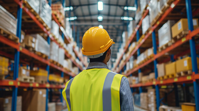 portrait of a middle aged asia storage warehouse worker working in the background a large goods storage warehouse