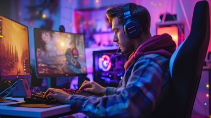 A handsome gamer guy gaming on his pc computer console with keyboard mouse and headphones in front of multiple monitor. sitting on a chair in his gaming room with rgb led lights - obrazy, fototapety, plakaty