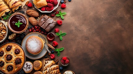 Fototapeta na wymiar Top view meals tasty yummy different pastries and dishes. Ai generative