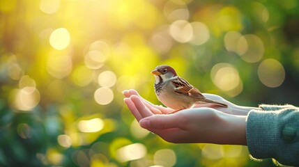 A person holding a cute small bird sparrow in open hands outside in a park with a forest with blurry background. bokeh light effects. desktop wallpaper - Powered by Adobe