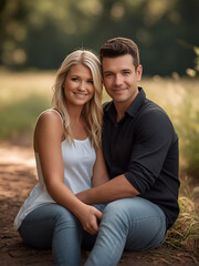 Naklejka premium Happy couple, love and hug laughing in joyful happiness for bonding time together in the outdoors.